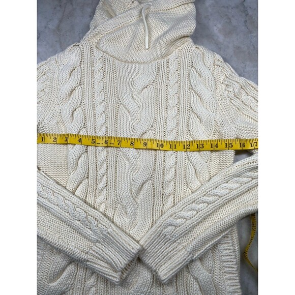 L.L. Bean Cable Knit Sweater Women’s XS Cream Funnel Neck Kangaroo Pocket - Picture 4 of 8